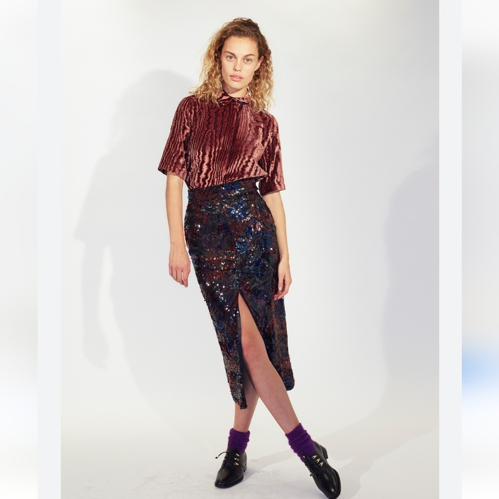 Roseanna Woodcut Sequin Midi Pencil Skirt, Sz 40/Us 8